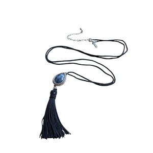 White House Black Market Sodalite Teardrop Pendant Necklace Tassel Rhinestones